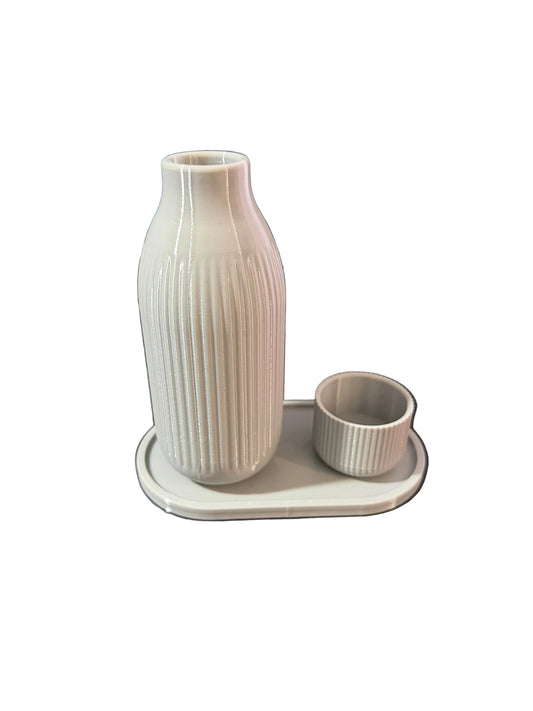 Grijze Geribbelde Designvaas Set – Inclusief Decoratief Schaaltje