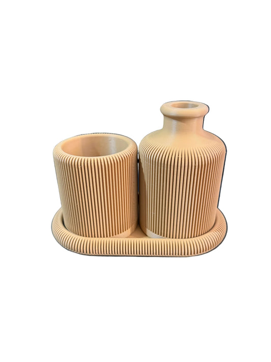 Beige Geribbelde Decoratieset – Vaas, Opbergpot & Plateau